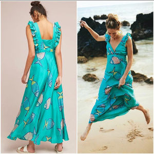Teal Anthropologie Fish Print Maxi Dress